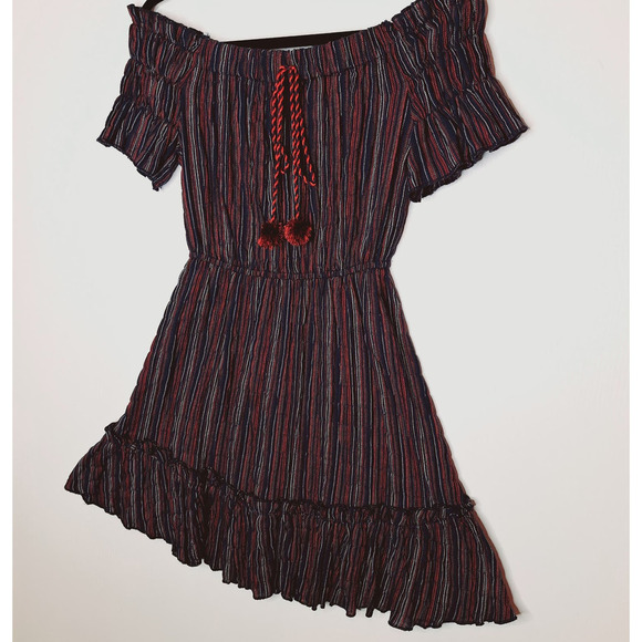 Moon River Smocked Tiered Off Shoulder Mini Dress XS Peasant Red White Blue Boho - Picture 3 of 11